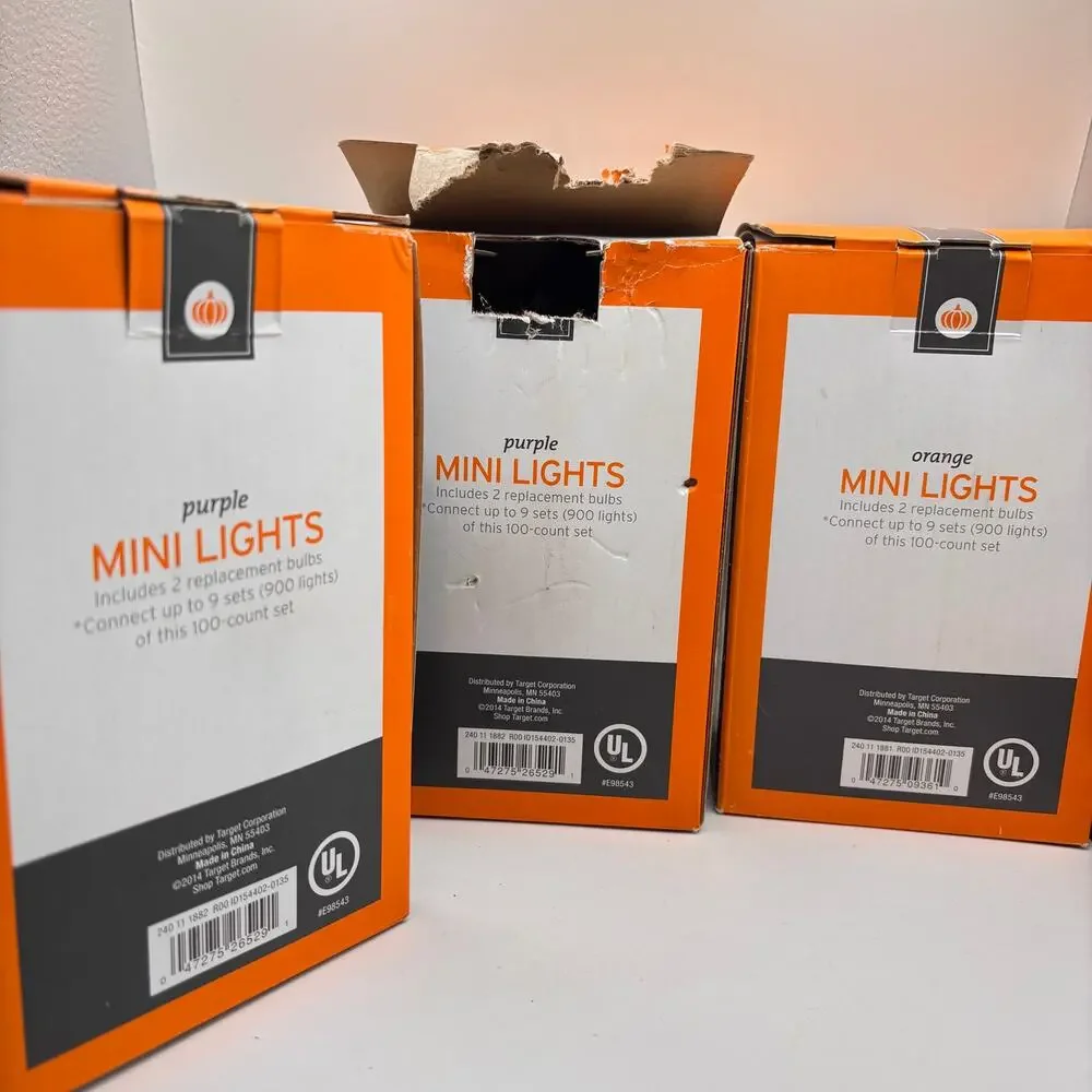 3 sets Halloween mini string lights 100 bulbs each 2 purple 1 orange new in box